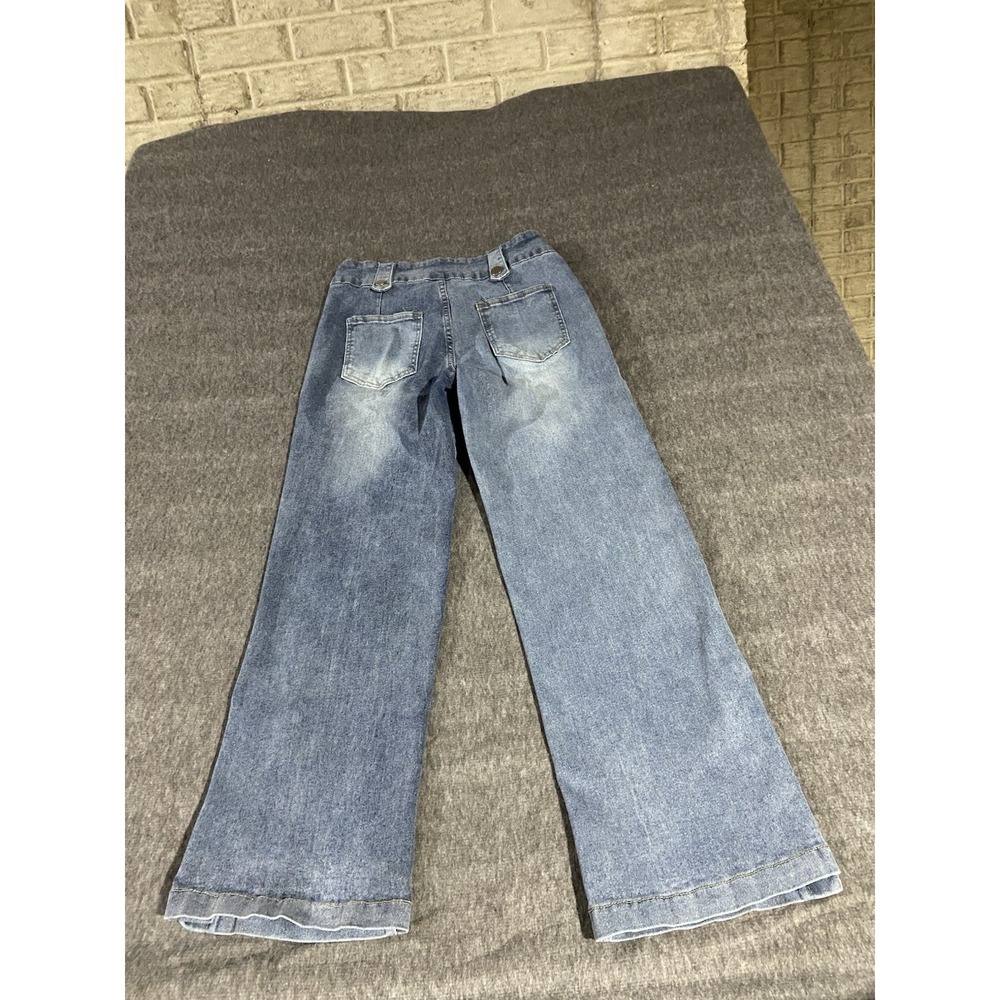 High Waisted Wide Leg Jeans Light Wash Button Fly Snap Hem Denim Blue - Picture 2 of 14